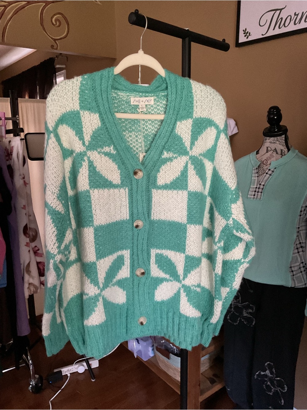 She + Sky Mint & White Geometric Floral Button Cardigan